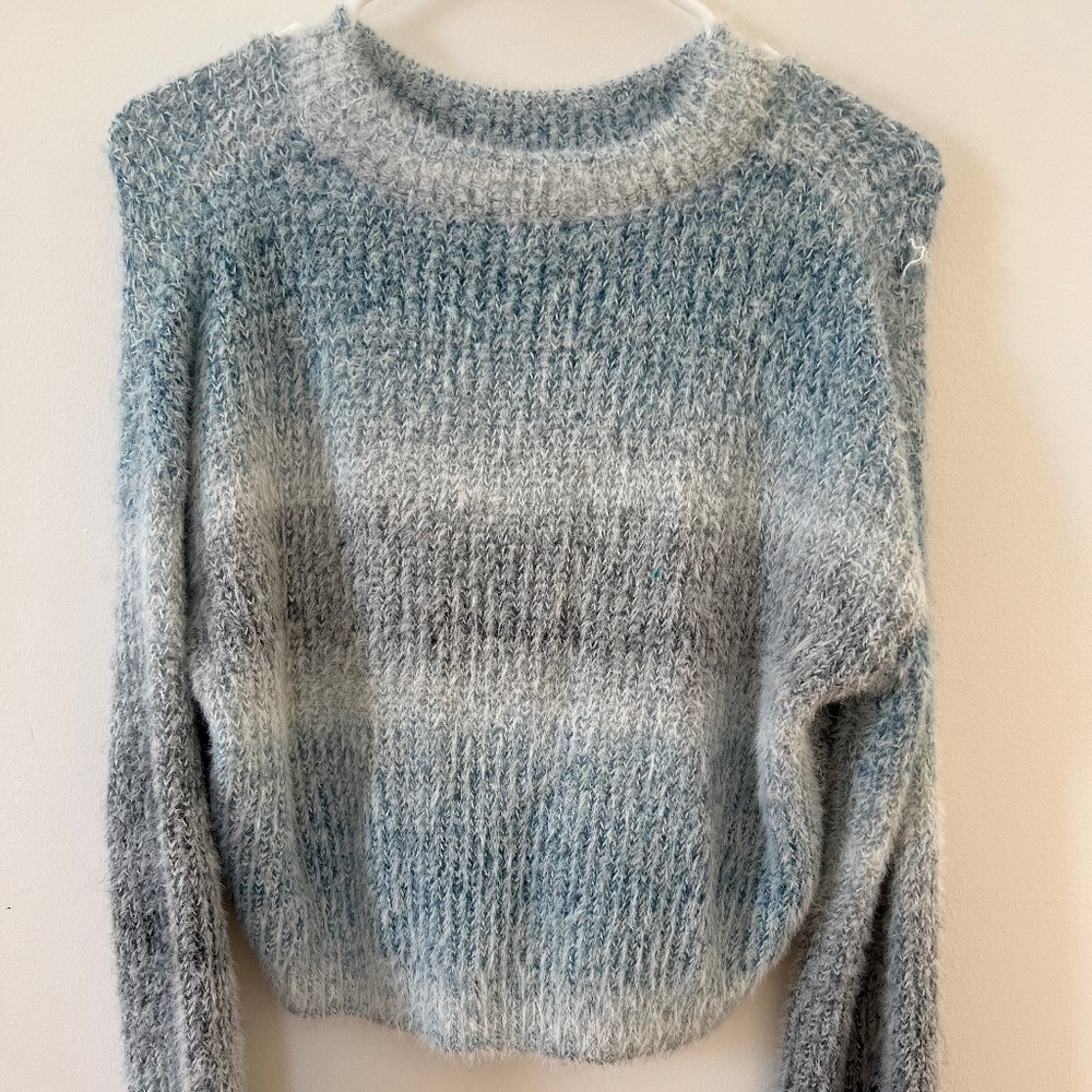Fuzzy Cropped Blue and Grey Sweater